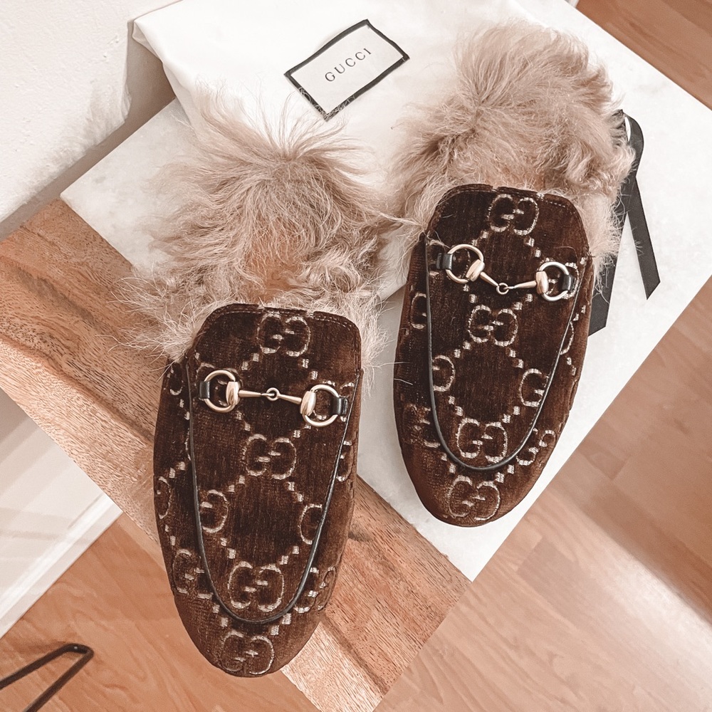 Gucci GG Velvet Monogram Fur Princetown Mule 37